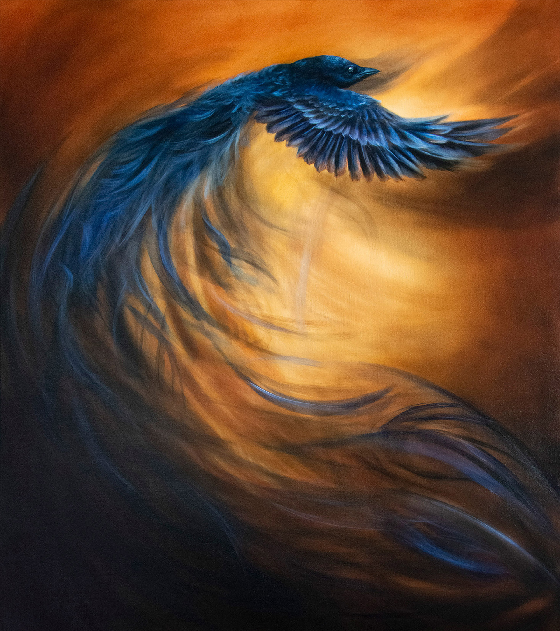 Oil painting by Evelina Klanikova featuring a dancing blue bird on an orange background, available on oilpanther.com