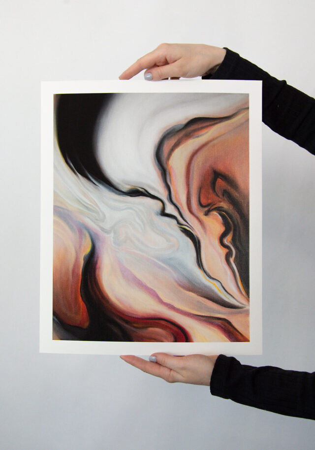 The fine art print titled 'Dune' by Evelina Klanikova is an abstract representation of a desert landscape. The painting features textured brushstrokes in sandy beige, tan, and brown shades, evocative of the arid and windswept terrain of the desert. The brushstrokes create a sense of movement and depth, suggesting the shifting sands of the dunes. The painting has a minimalist and serene quality, conveying a sense of stillness and tranquility.