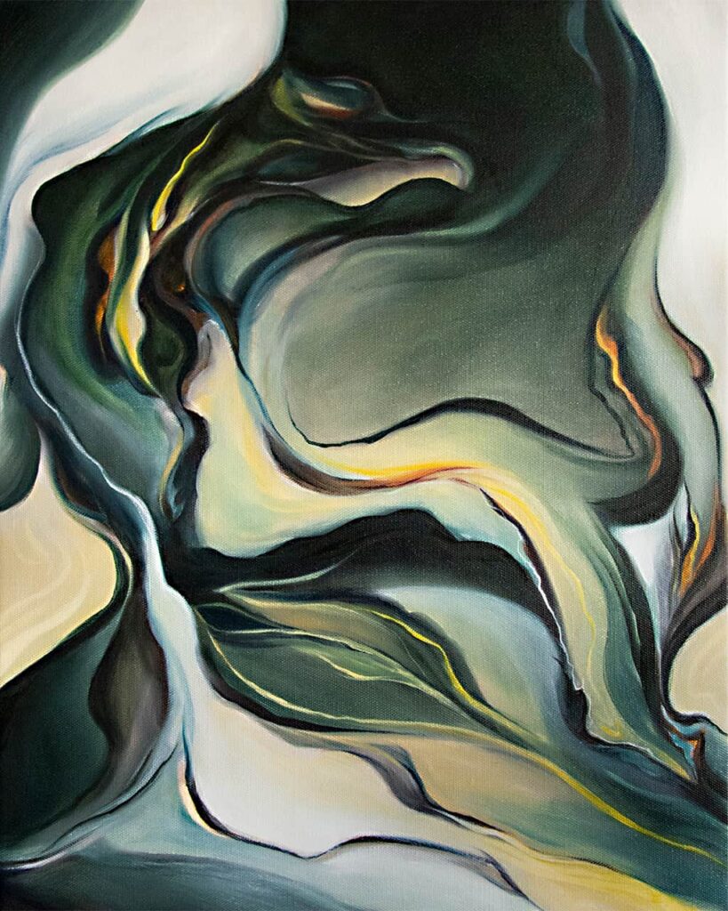 An abstract oil painting titled Marble by Evelina Klanikova, featuring a swirling blend of green, white, and yellow tones with soft brushstrokes on canvas