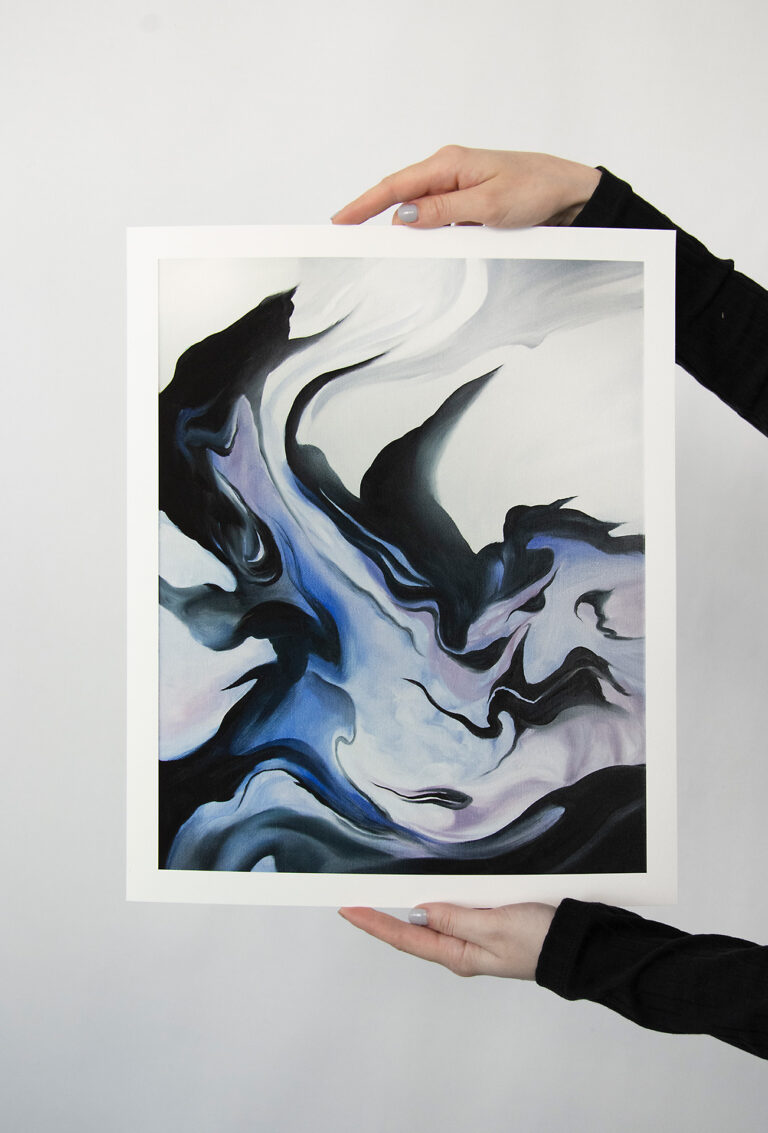 Evelina Klanikova's 'Nebula': fine art print featuring blues, purples, and white in an abstract, cosmic style