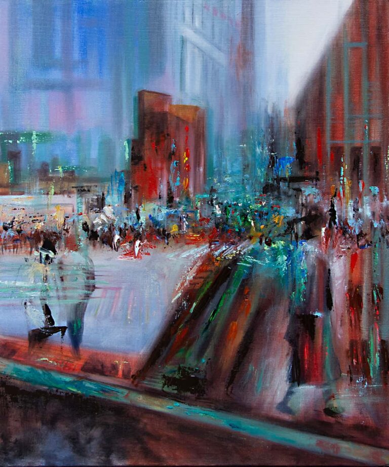 Schichtwechsel is an original oil painting by Evelina Klanikova on wooden panel, featuring an abstract urban landscape with textured brushstrokes.