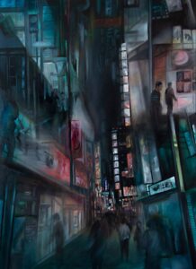 Oil painting by artist Evelina Klanikova on oilpanther.com, featuring an abstract representation of a Japanese city with bold brushstrokes in shades of red, blue, and white, suggesting buildings, streets, and movement.
