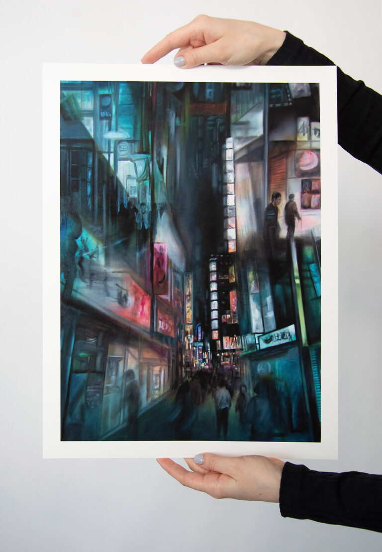 The print shows an urban Japanese landscape.