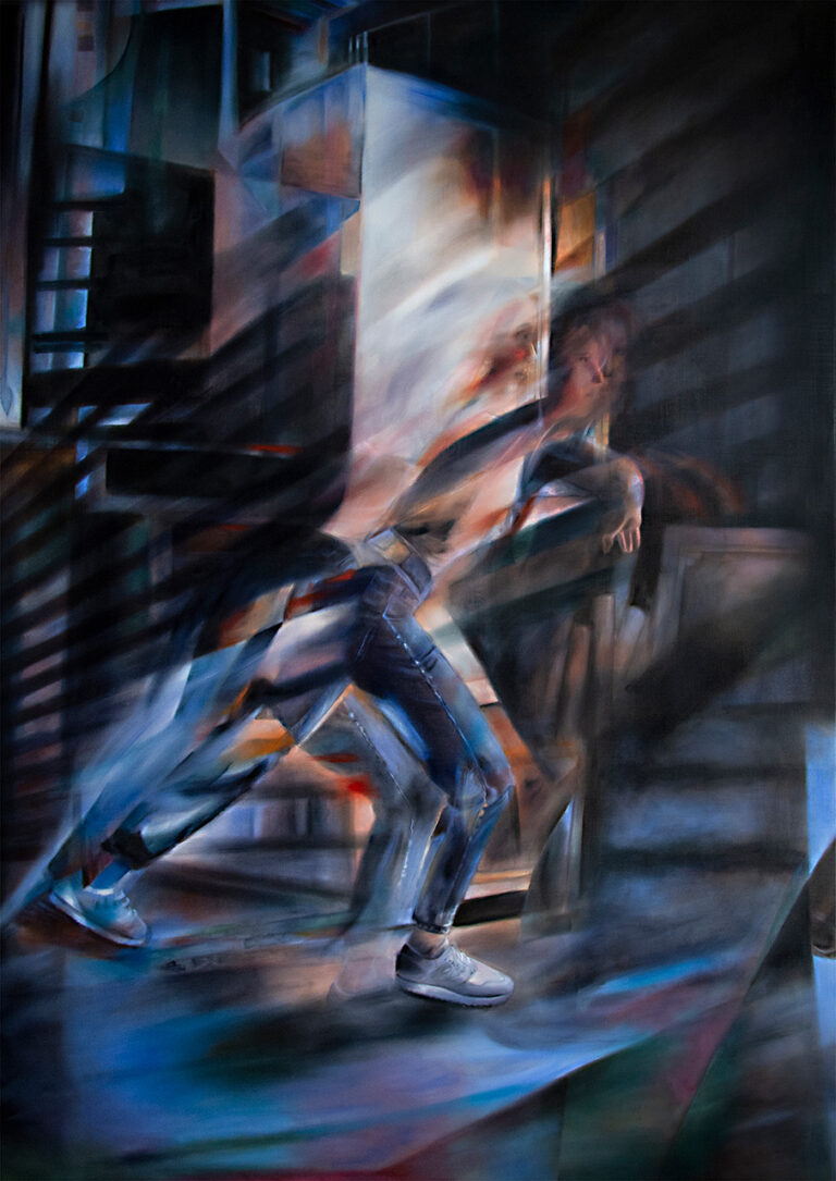 Vortex 1 is an original oil painting on canvas by Evelina Klanikova. The painting depicts a running person.