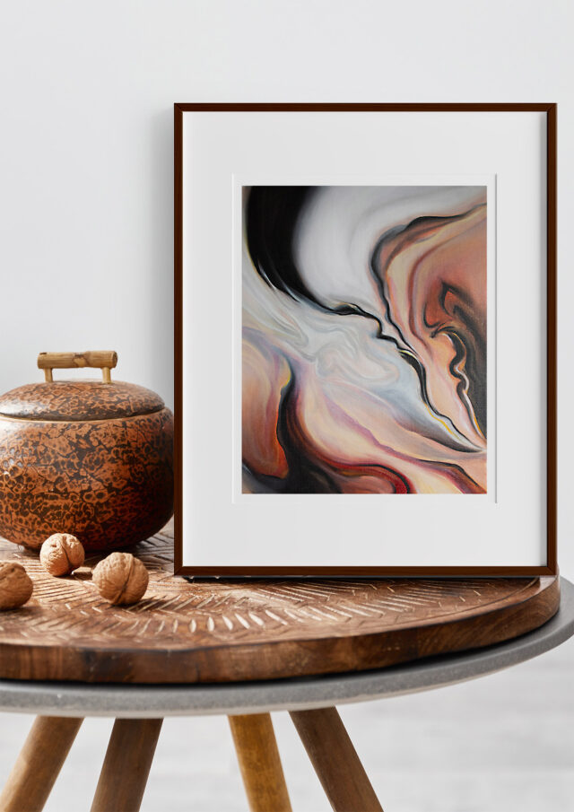 The fine art print titled 'Dune' by Evelina Klanikova is an abstract representation of a desert landscape. The painting features textured brushstrokes in sandy beige, tan, and brown shades, evocative of the arid and windswept terrain of the desert. The brushstrokes create a sense of movement and depth, suggesting the shifting sands of the dunes. The painting has a minimalist and serene quality, conveying a sense of stillness and tranquility. The print is framed, adding to its presentation and providing a finished look. The alt text for the print could read: "A fine art print titled 'Dune' by Evelina Klanikova, featuring an abstract representation of a desert landscape with textured brushstrokes in shades of sandy beige, tan, and brown, framed and ready for display."