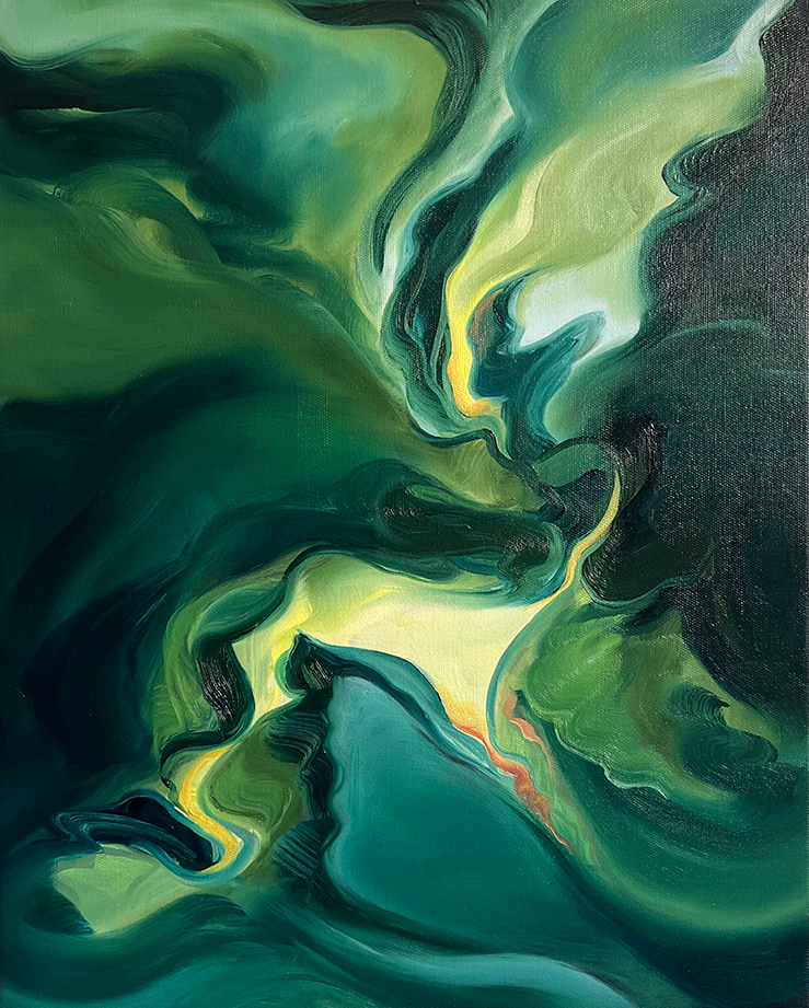 The abstract oil painting named Jiva in green and yellow colors was painted by Evelina Klanikova. The painting depicts a dynamic and lively composition of vibrant colors and abstract shapes.