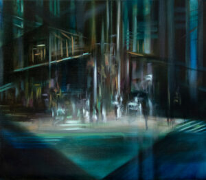 The original oil painting named On the Other Side by Evelina Klanikova is an abstract painting with realistic elements, depicting an evening city in green and deep blue colors.