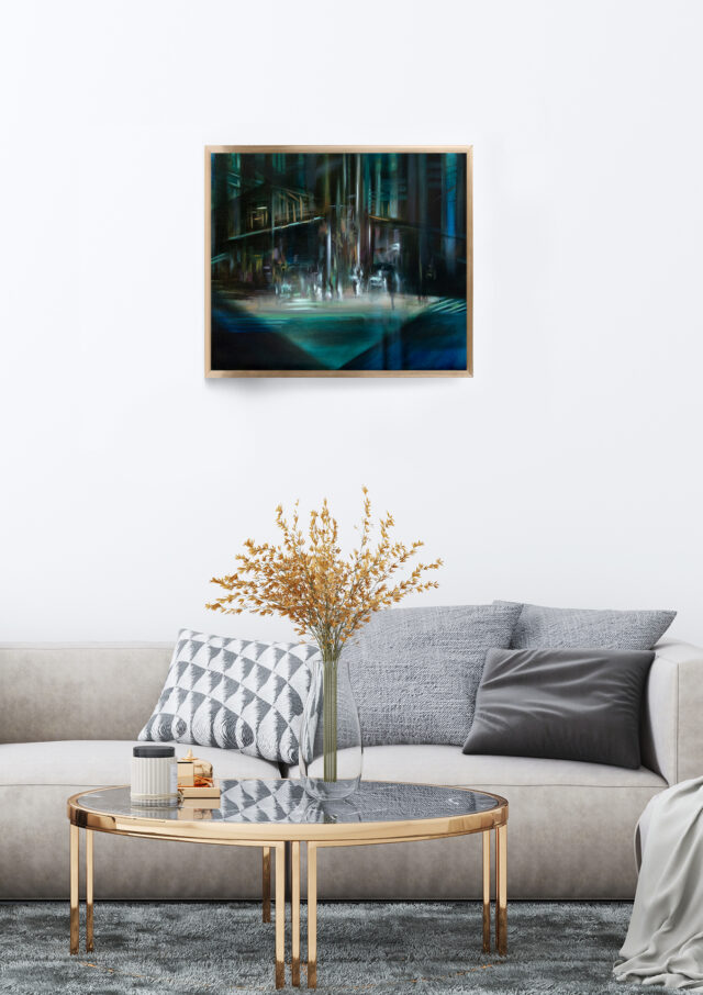 The original oil painting named "On the Other Side" by Evelina Klanikova is depicted in a frame that complements its modern and abstract style. The painting is an abstract painting with realistic elements, depicting an evening city in green and deep blue colors. The painting's composition features a dynamic interplay of geometric shapes and lines that create an engaging visual effect. The painting's colors are a harmonious blend of deep blues and greens, evocative of an urban landscape at dusk. The painting measures 40 x 50 cm and is perfect for adding a contemporary and stylish touch to any interior. The painting's unique style and blend of abstract and realistic elements make it an excellent choice for art collectors and enthusiasts who appreciate unconventional art. The painting is ready to be hung on any wall and enjoyed. The frame adds an extra touch of elegance to the painting, making it a beautiful addition to any room.