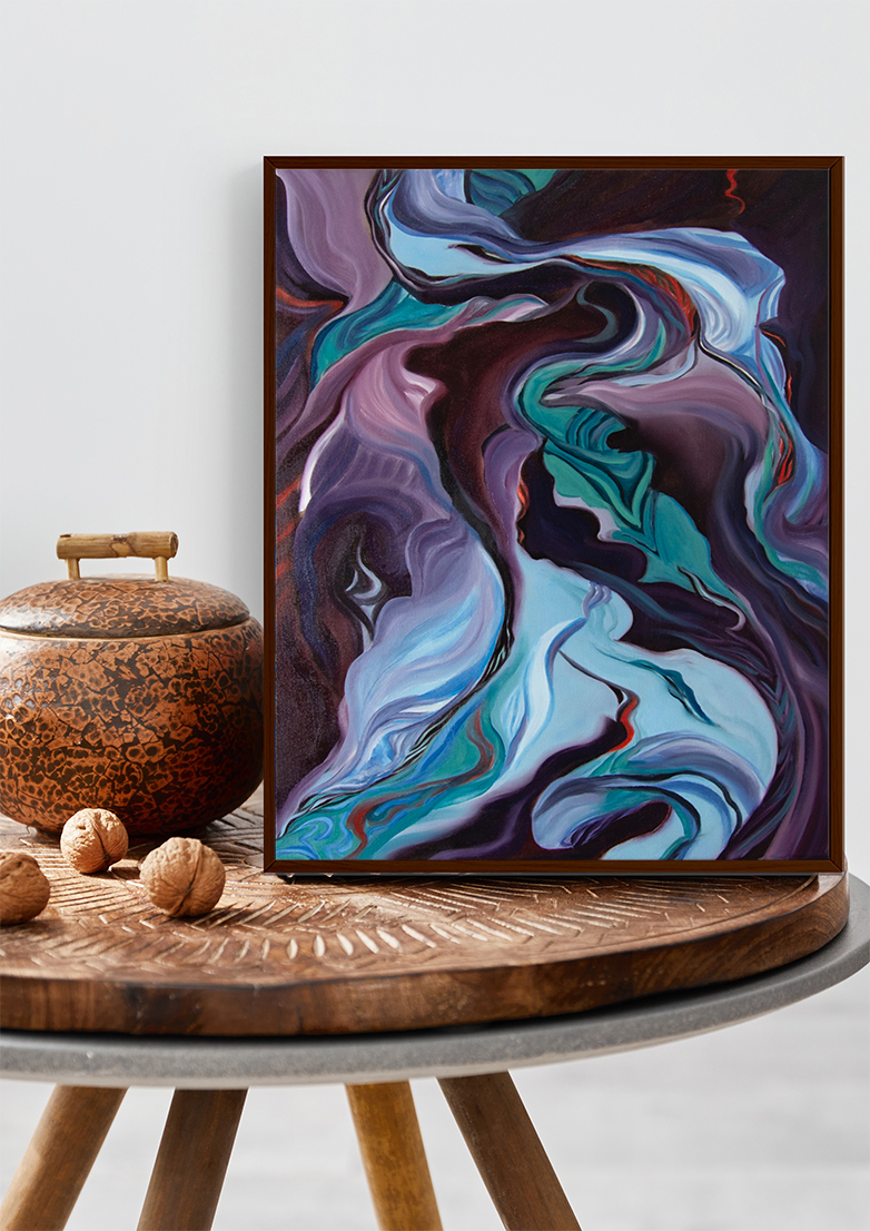 View of Evelina's Klanikova's "Deep ocean" oil painting showcased in an elegant brown frame. The artwork depicts a serene underwater scene with vibrant shades of blue and green, adding a touch of tranquility to any room.