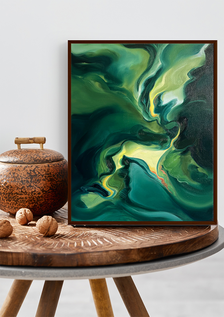 The abstract oil painting named "Jiva" in green and yellow colors, painted by Evelina Klanikova, is shown here in a stylish frame. The painting depicts a dynamic and lively composition of vibrant colors and abstract shapes. The green and yellow hues create a harmonious and calming atmosphere. The painting is framed in a sleek dark brown frame that enhances its modern aesthetic. The artwork measures 50 x 40 cm and is perfect for adding a unique and sophisticated touch to any interior.
