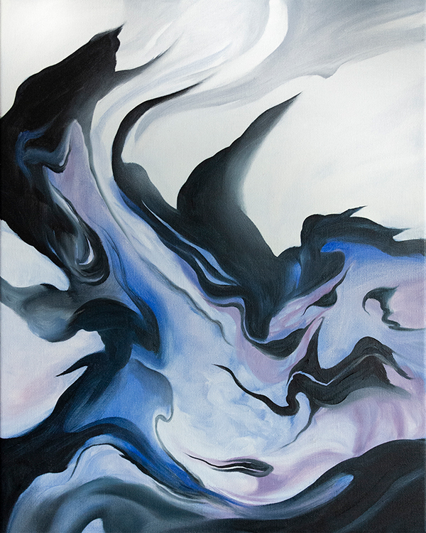 Evelina Klanikova's 'Nebula': an oil painting featuring blues, purples, and white in an abstract, cosmic style.