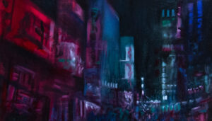 The original painting depicts a Japanese city at night with a cozy atmosphere created by red and blue lights by Evelina Klanikova.