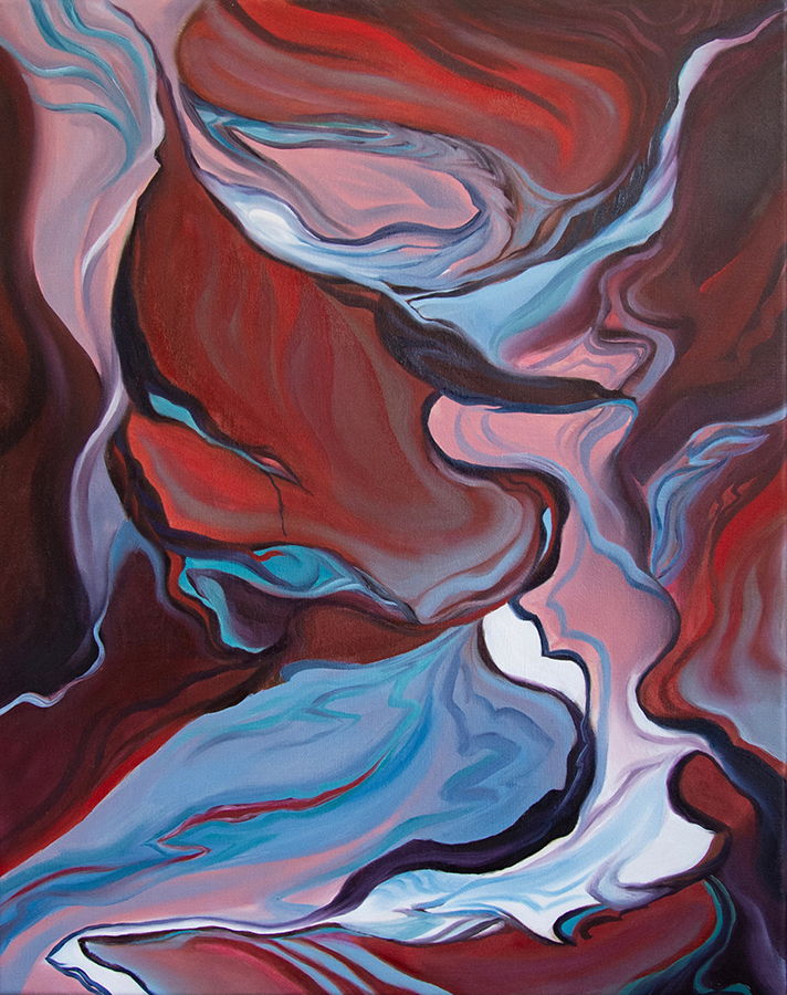 The original oil painting named Turning Point by Evelina Klanikova showcases an abstract composition of red and blue colors.