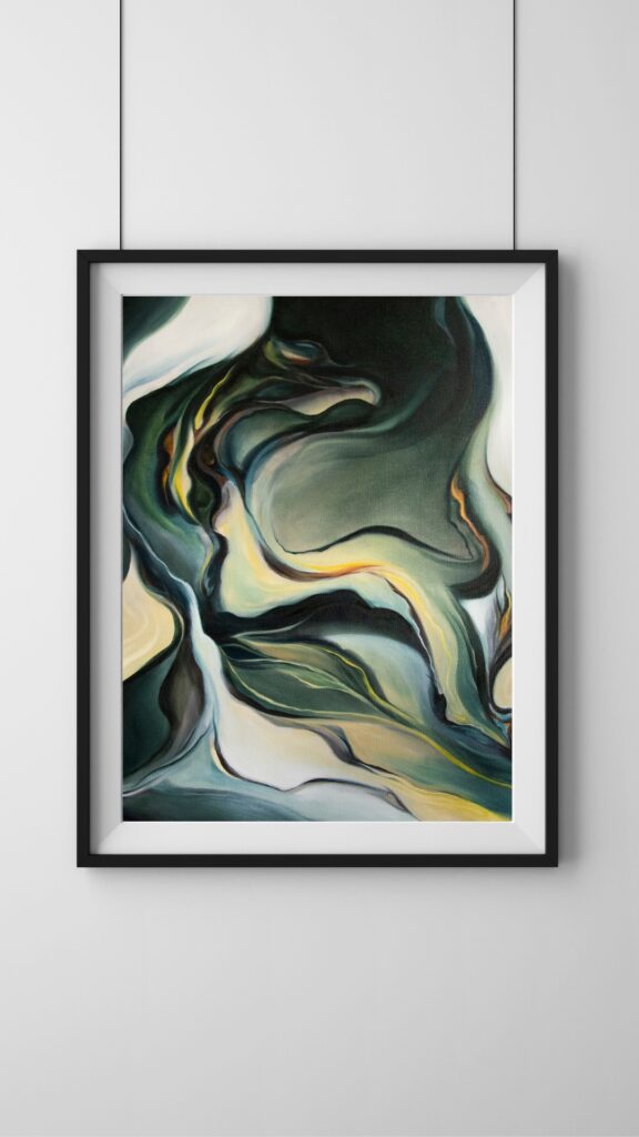The original oil painting named "Marble" by Evelina Klanikova is shown here in a small format, framed in a sleek black frame with a white passepartout. The painting showcases an abstract composition of green, white, and yellow colors, resembling the intricate veins of marble. The brushstrokes create a unique texture, adding depth and dimension to the artwork. The frame and passepartout enhance the painting's modern aesthetic and provide a sophisticated touch to any interior. The artwork measures 50 x 40 cm and is ready to be displayed.