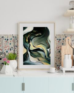 Abstract oil painting in green print by Evelina Klanikova, displayed on shelves in a kitchen interior setting