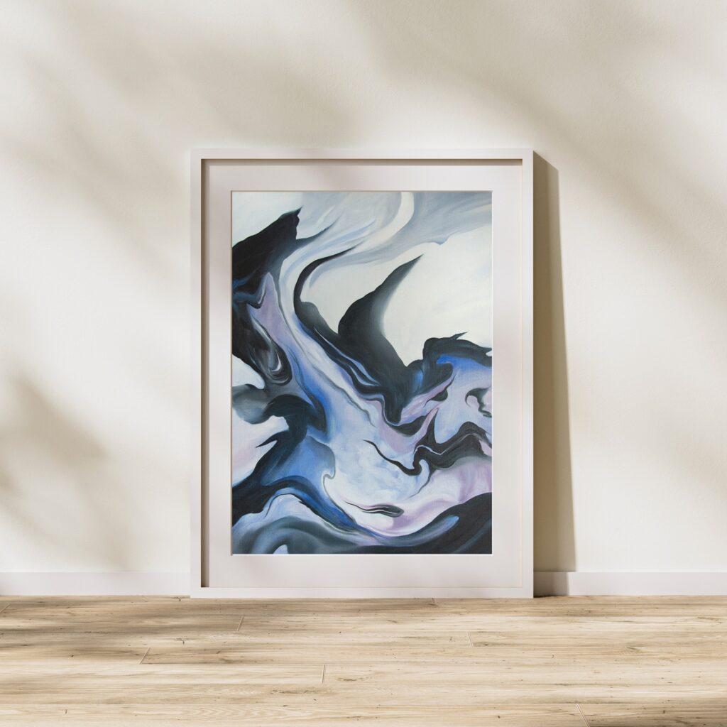 The original oil painting named "Nebula" by Evelina Klanikova is depicted here in a small format, elegantly framed and ready to be displayed. The painting showcases an abstract composition of blue and black colors, resembling the swirling patterns of a nebula. The brushstrokes create a unique texture, adding depth and dimension to the artwork. The sleek frame enhances the painting's modern aesthetic and provides a sophisticated touch to any interior. The artwork measures 50 x 40 cm and is ready to be enjoyed.