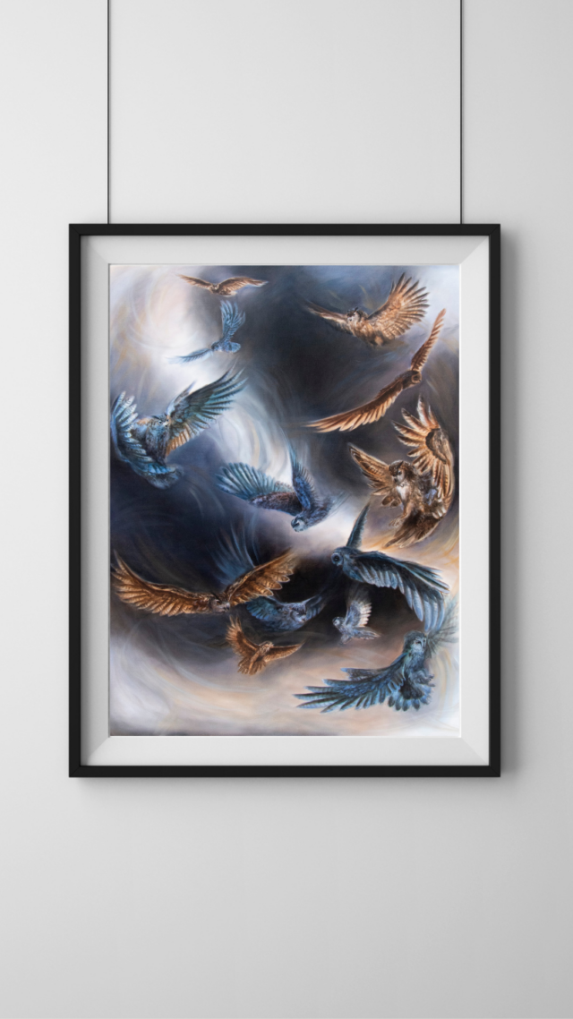 Fine art print titled 'Auferstehung' by Evelina Klanikova framed and displayed on a wall, featuring an abstract depiction of birds in various shades of blue.