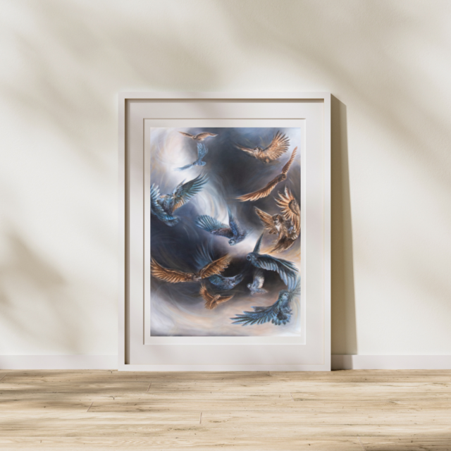 Fine art print titled 'Auferstehung' by Evelina Klanikova framed and displayed on a wall, featuring an abstract depiction of birds in various shades of blue.