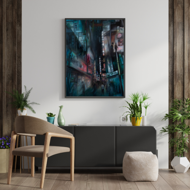 Oil painting by artist Evelina Klanikova on oilpanther.com, featuring an abstract representation of a Japanese city with bold brushstrokes in shades of blue and pink suggesting buildings, streets, and movement.
