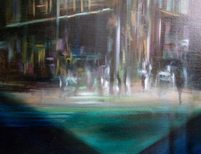 Close-up view of "Auf der anderen Seite" painting by Evelina Klanikova, showcasing the intricate details of an abstract urban landscape in shades blue and green.