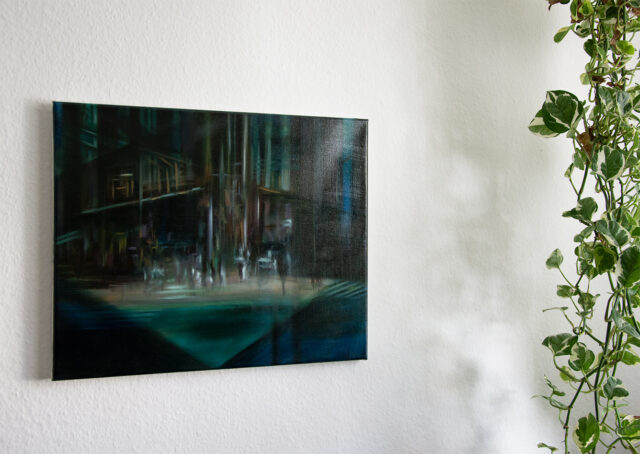 Studio view of "Auf der anderen Seite" painting by Evelina Klanikova, showcasing the intricate details of an abstract urban landscape in shades blue and green.